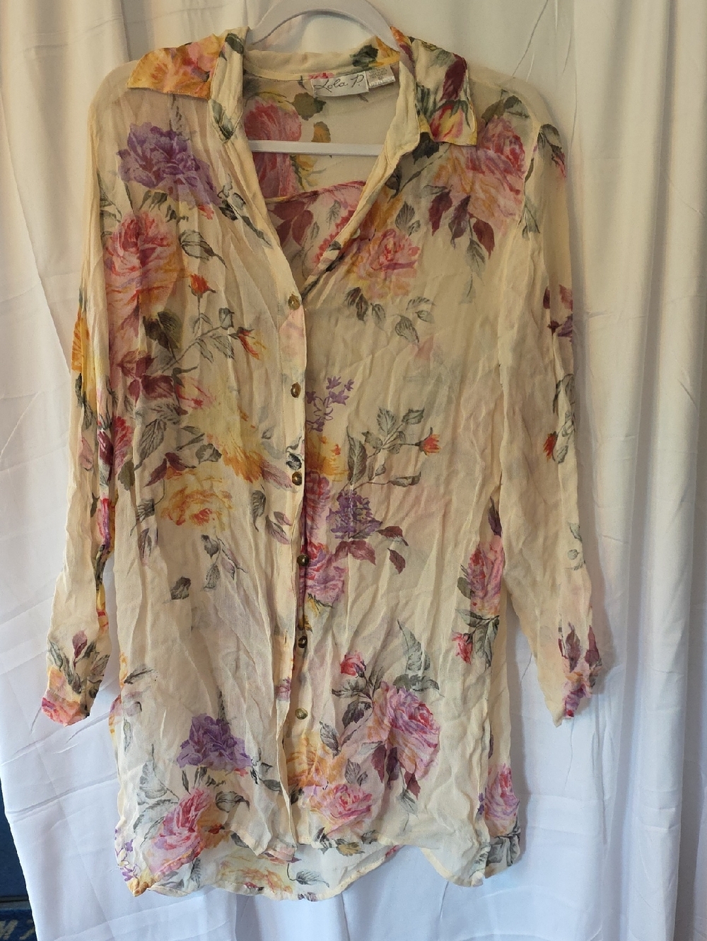 Floral Sheer Button-Up Blouse in Cream with Pink & Purple Roses